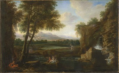 Klassiek landschap met kleine waterval en dorp door Francesco Zuccarelli